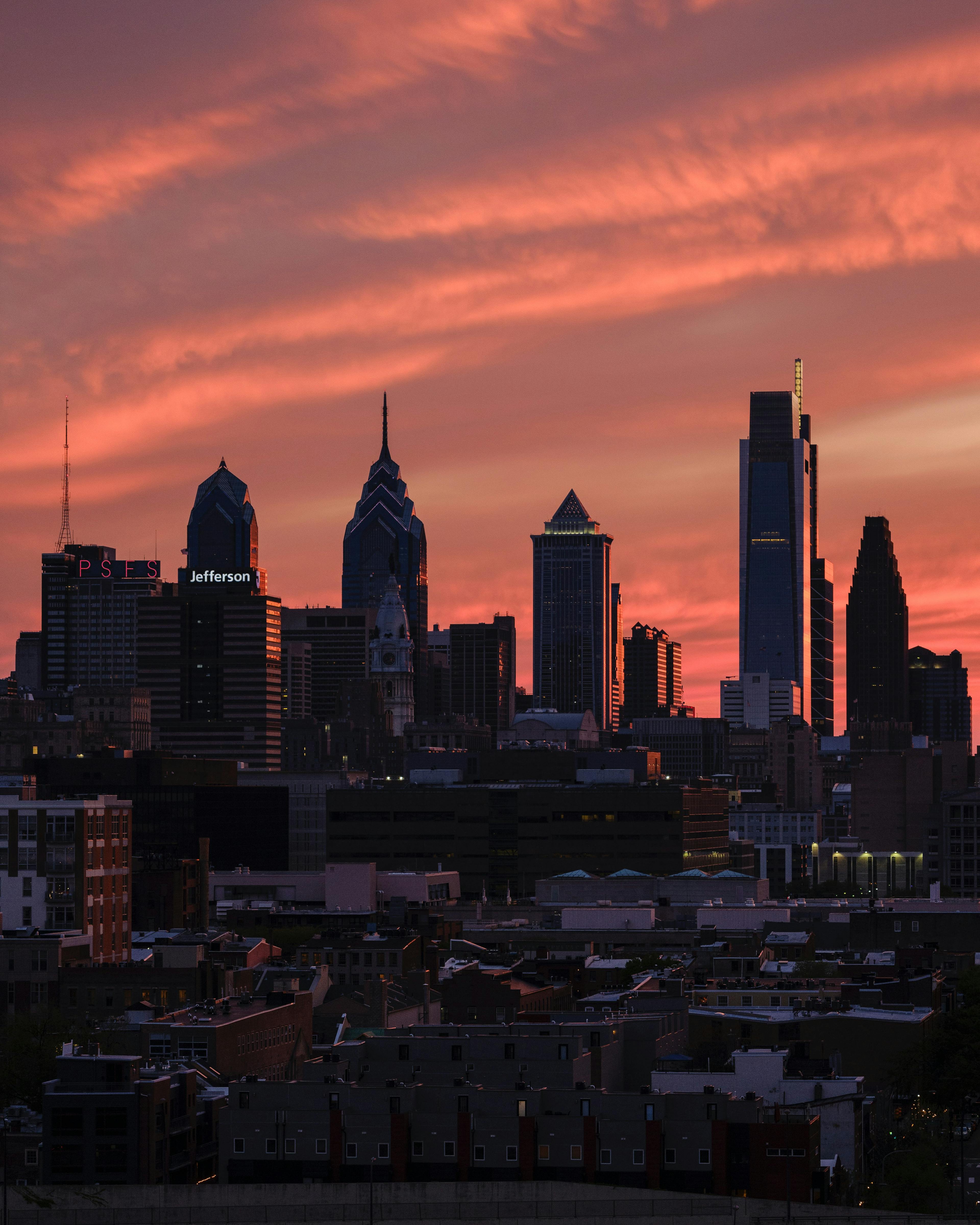 Philadelphia skyline at sunset stock image