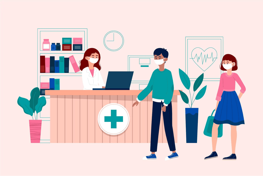 Visiting a hospital front desk illustrated stock image